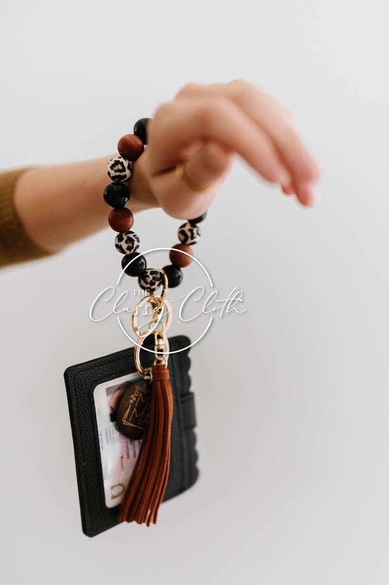 The Classy Cloth WS - MAMA Wristlet Keychain Wallet - Leopard w/ Brown Tassel RTS