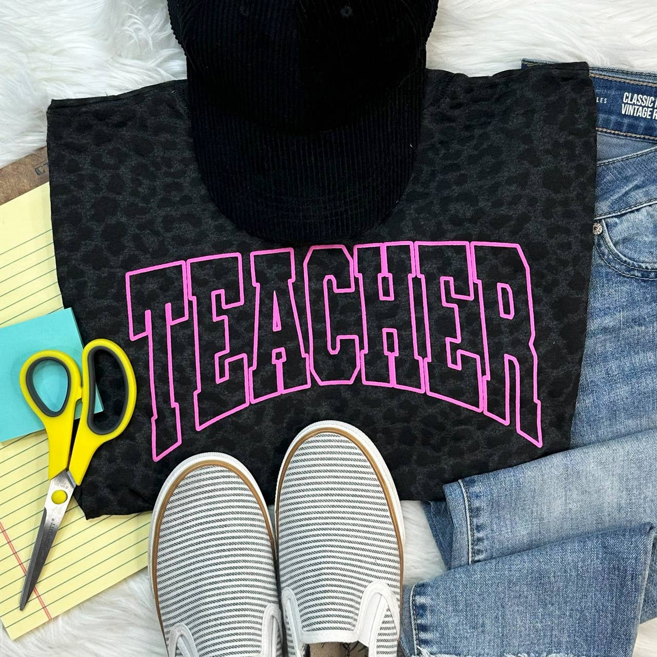 Teacher Pink Puff Women's T-Shirt in Black Leopard from Trendy Tee Co.