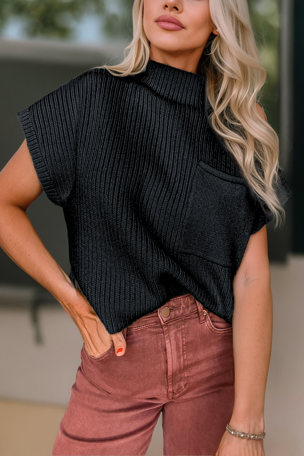 Patch Pocket Ribbed Knit Short Sleeve Sweater in solid pattern, with high neckline and casual style.