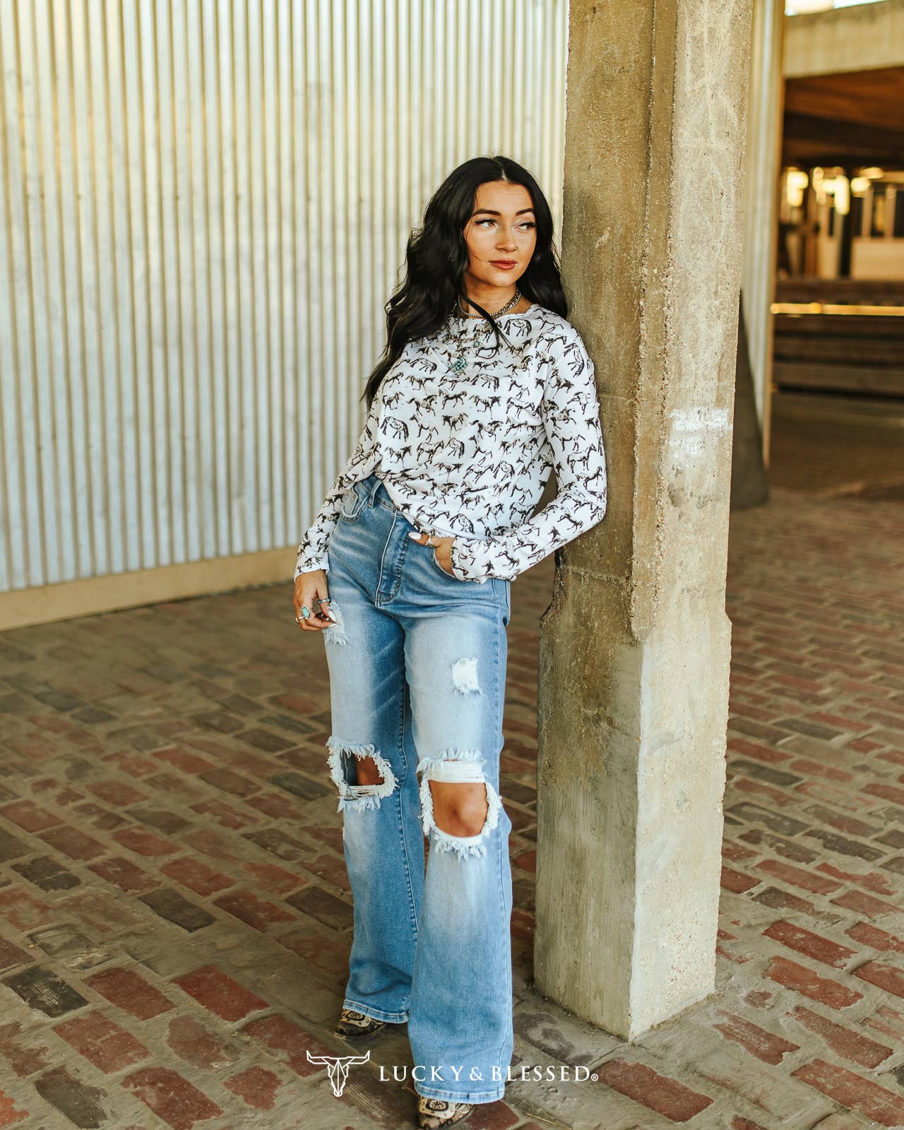 LUCKY & BLESSED - Light Wash Tummy Control Distressed Bootcut Jeans: 2