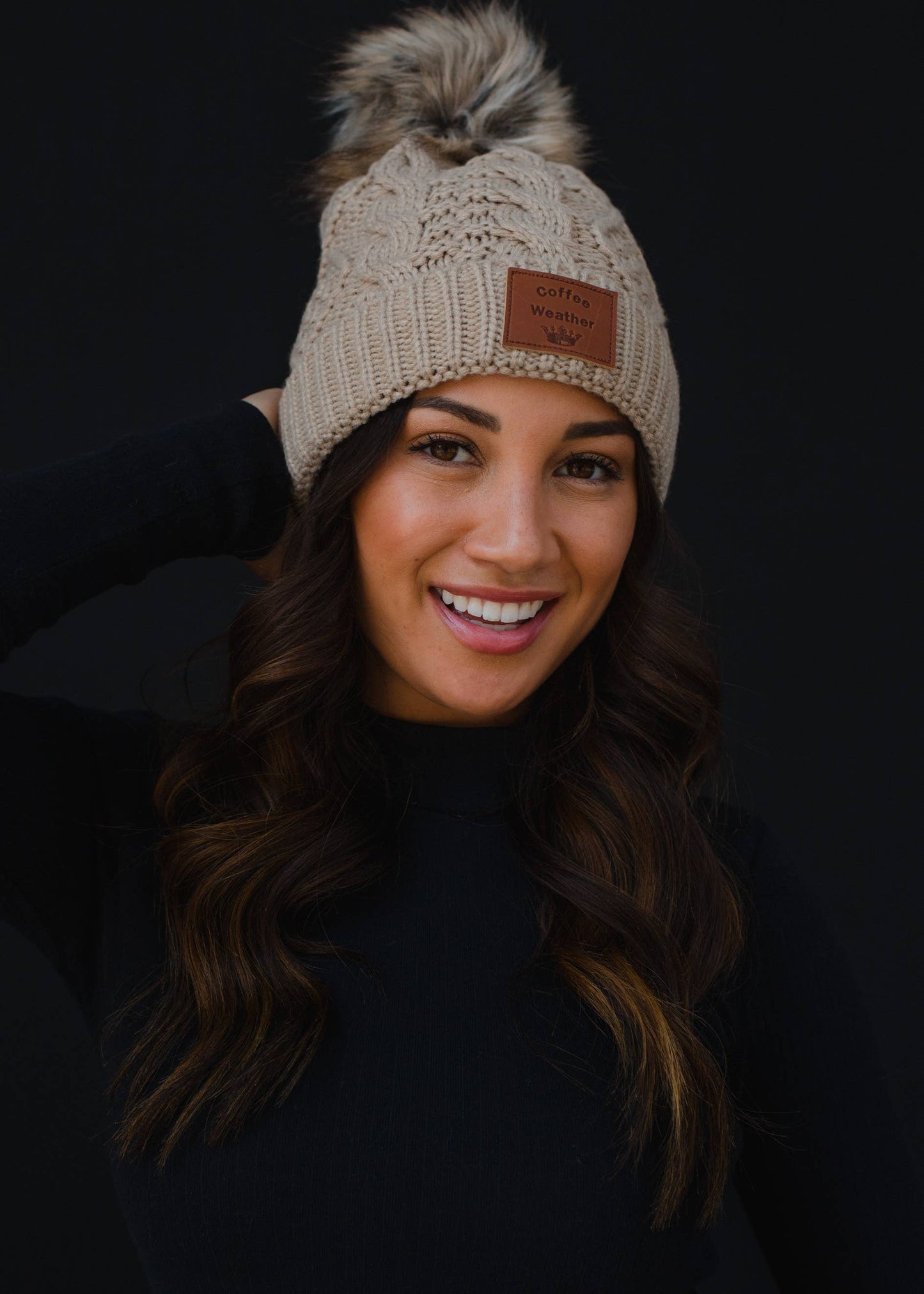 Tan Cable Knit Pom Hat w/ Coffee Weather Patch