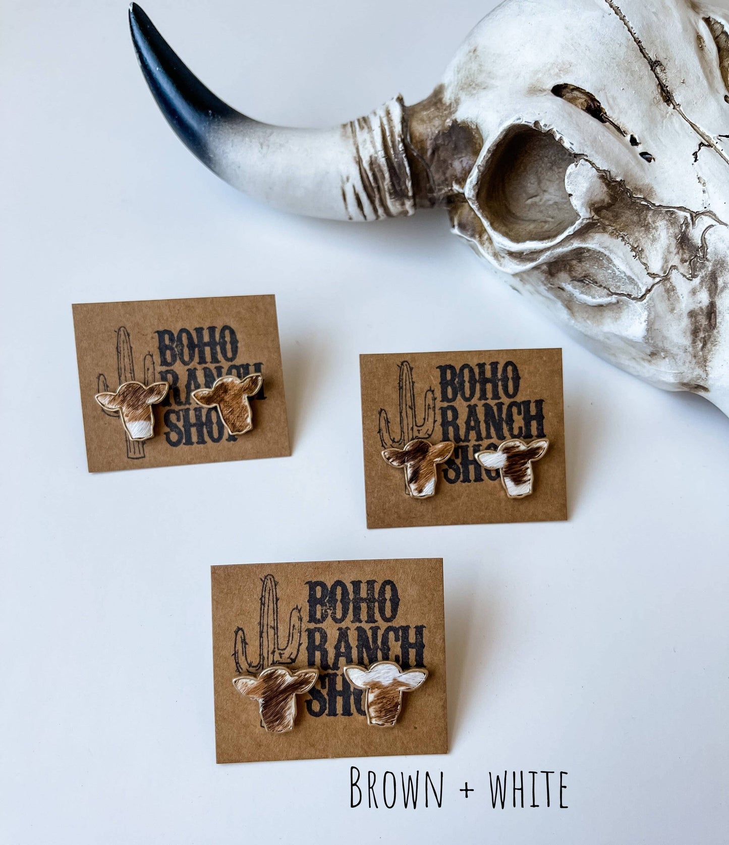 Boho Ranch Shop - Steer Head Cowhead Cowhide Stud Earrings: BLACK + WHITE