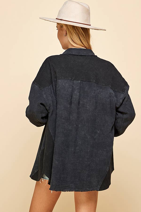 back view of Black Mineral Wash Oversized Shacket in Cotton Gauze with Casual Style