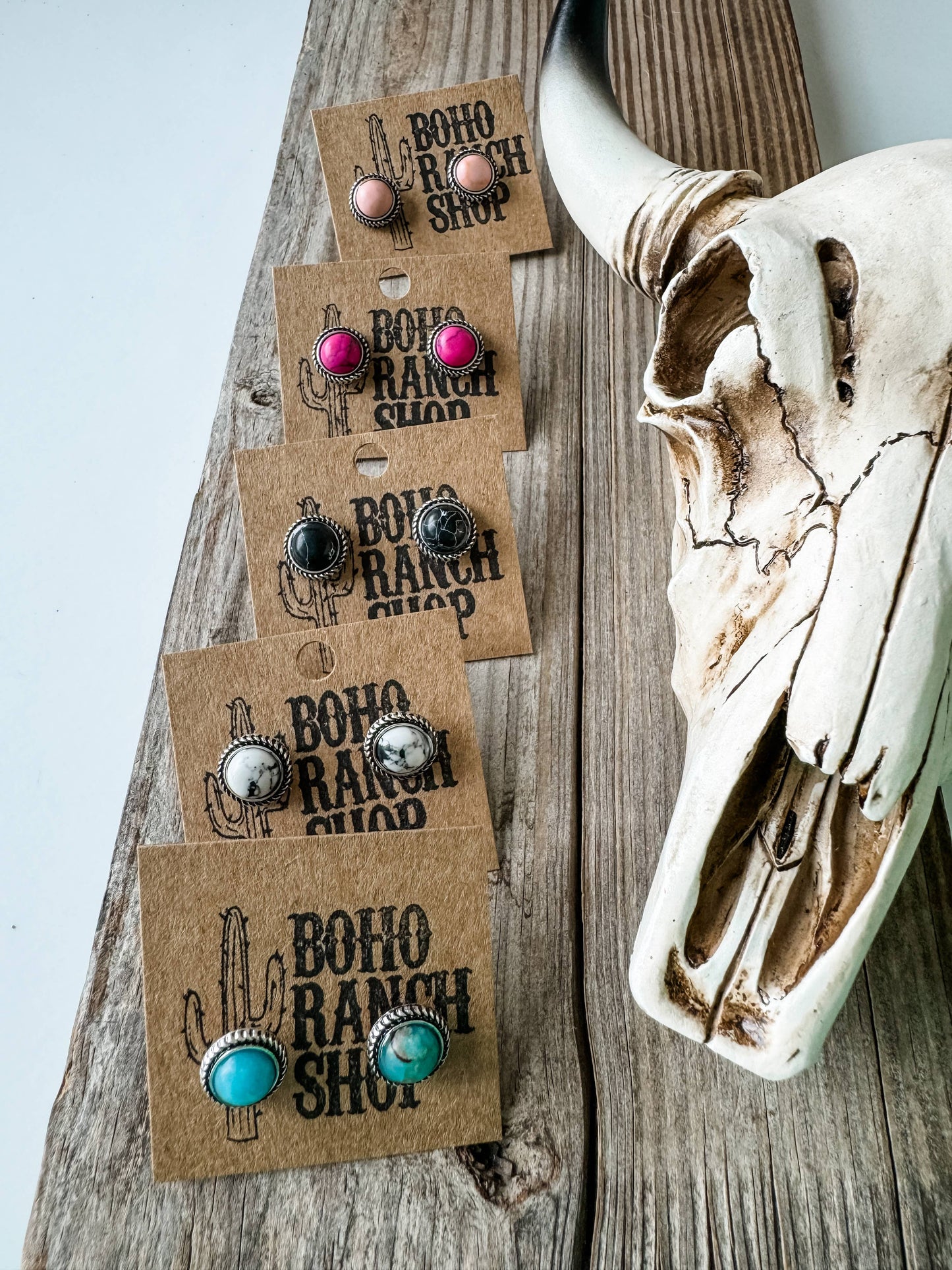Boho Ranch Shop - Western Mini Stone Stud Earrings - Heart Square Circle Bar: SQUARE - WHITE