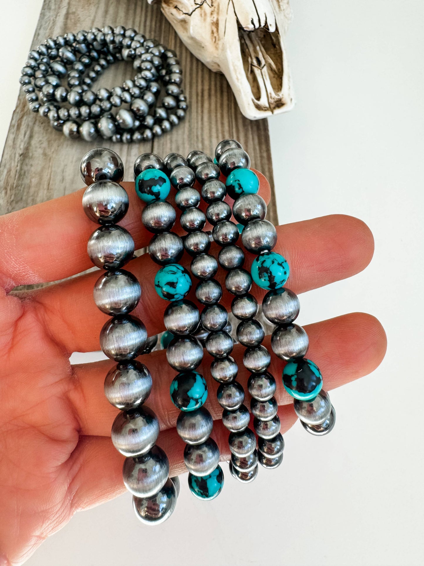 Boho Ranch Shop - Western Navajo Style Bead Stretch Bracelets: SILVER + TURQUOISE