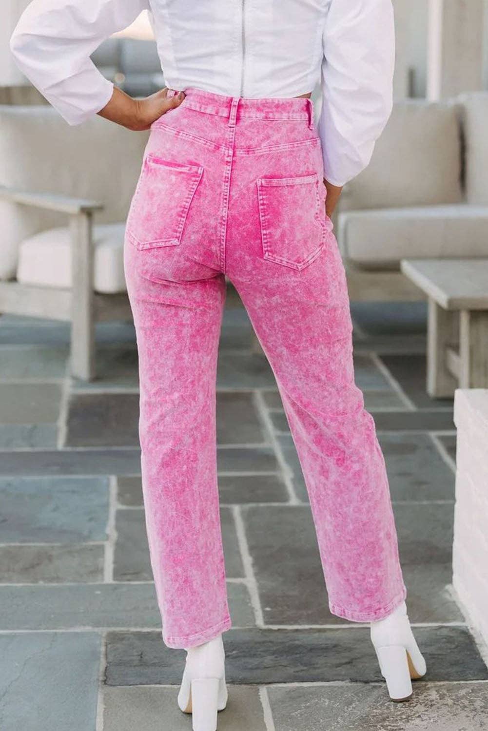 back view of Mid-Waist Pocketed Button Casual Jeans in Rose, featuring tie-dye details, a button closure, and pockets. Made from skin-friendly denim, suitable for casual and daily wear.