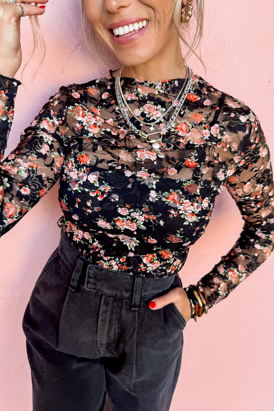 Floral Mesh Sheer Long Sleeve Top: