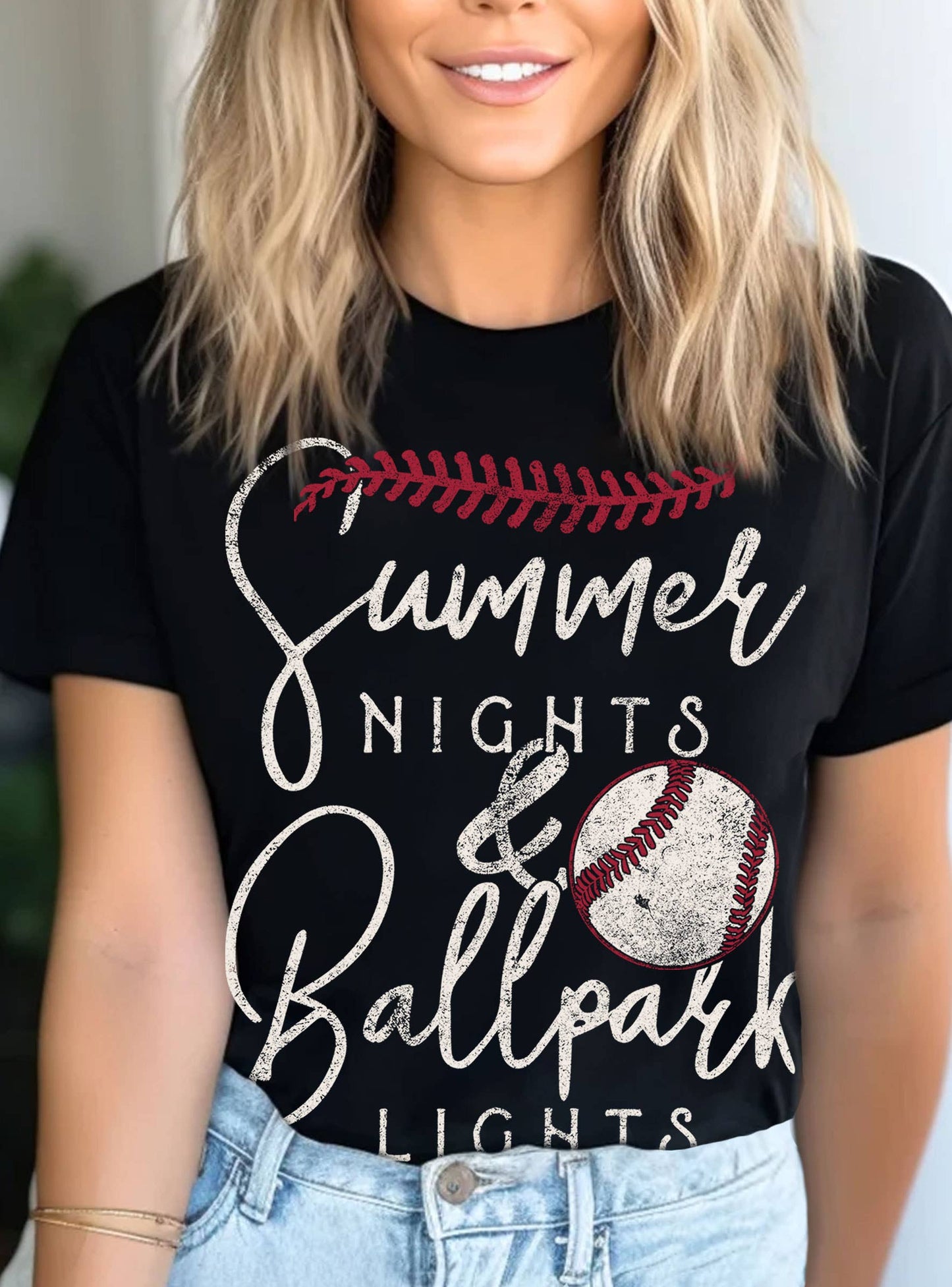 SUMMER NIGHTS & BALLPARK LIGHTS BASEBALL GRAPHIC TSHIRTS: Black