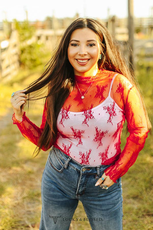 Plus Size Red Mesh Long Sleeve Stretch Top