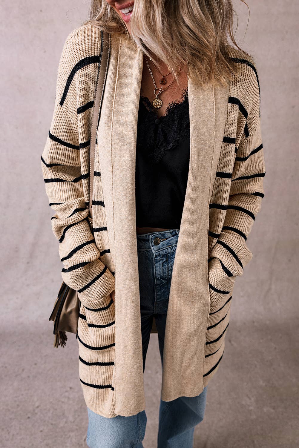 Stripe Pattern Open Front Cardigan with Side Pockets :
