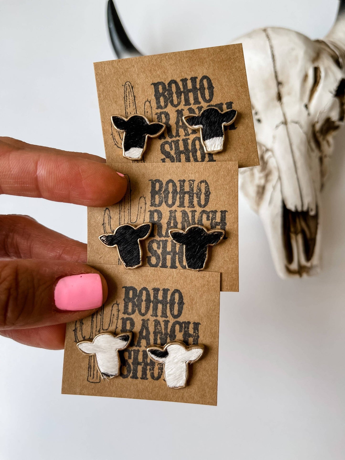 Boho Ranch Shop - Steer Head Cowhead Cowhide Stud Earrings: BLACK + WHITE