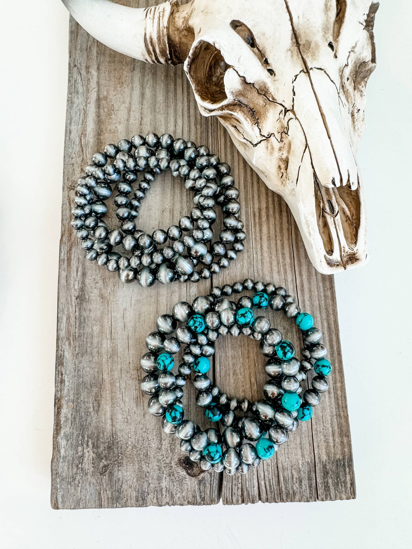 Boho Ranch Shop - Western Navajo Style Bead Stretch Bracelets: SILVER + TURQUOISE