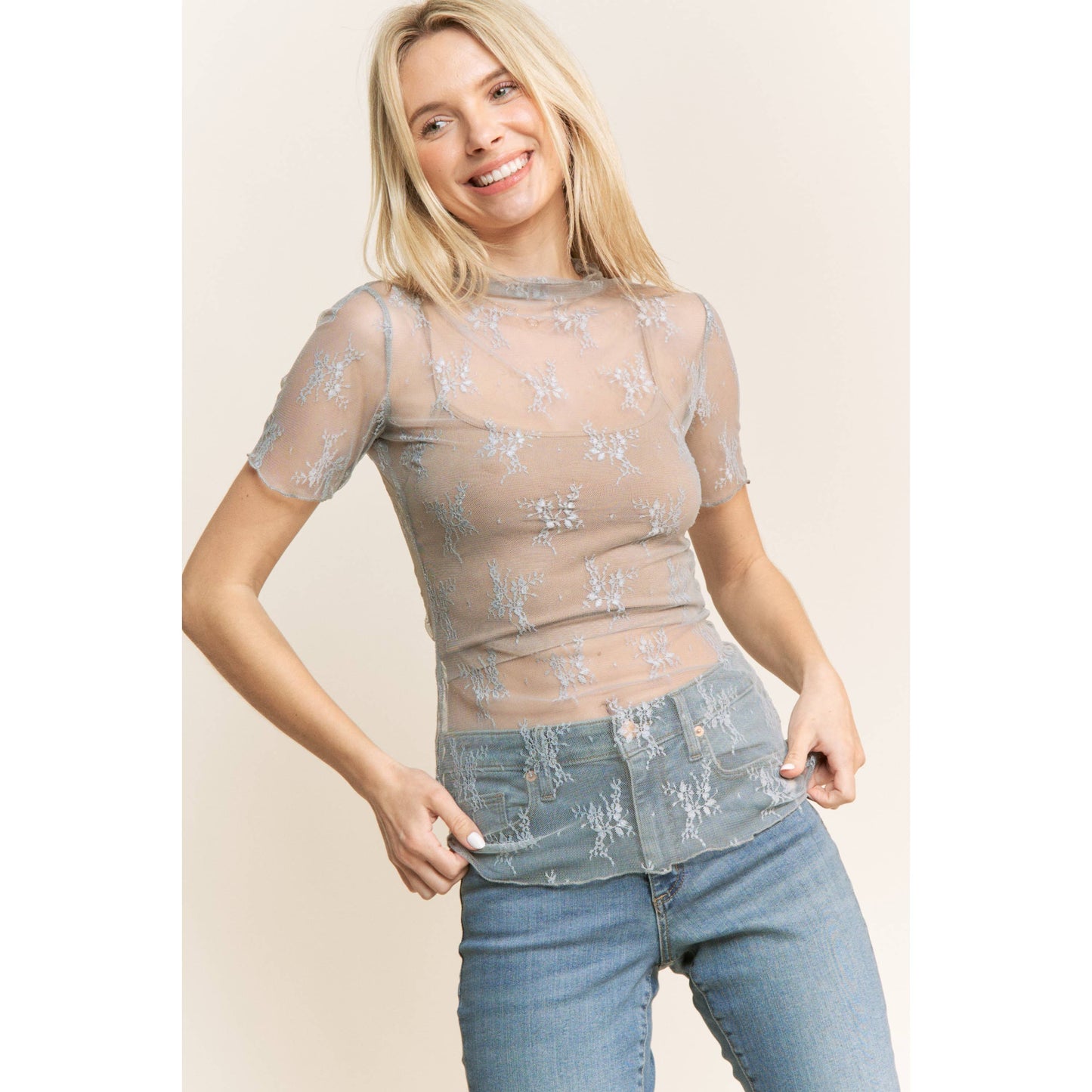 MESH LACE HIGH NECK DESIGN SHORT SLEEVE FITTED TOP