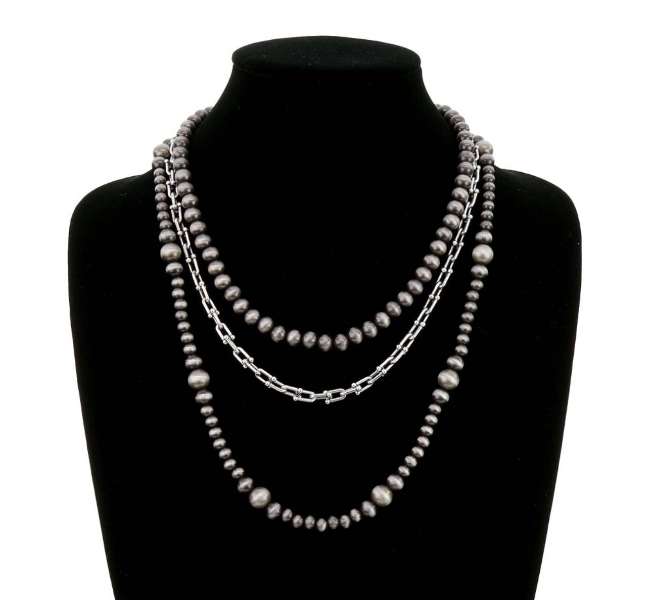 Boho Ranch Shop - 3 Layer Navajo Style Pearl Western Necklace Set: SILVER