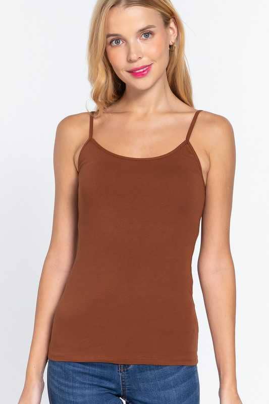 Basic Adjustable Spaghetti Strap Cropped Cami With Self Bra: BLACK