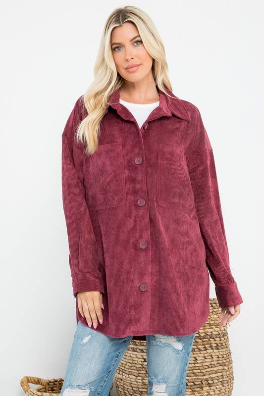 Oversized 4 Pockets Corduroy Shacket: Blue / L