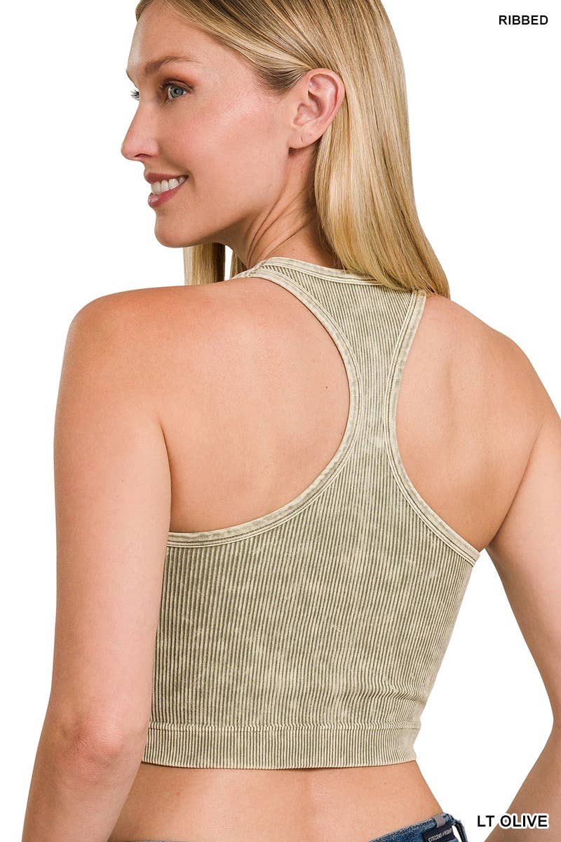 back view of Coral Fuchsia Washed Ribbed Seamless High-Neck Racerback Crop Tank Top
