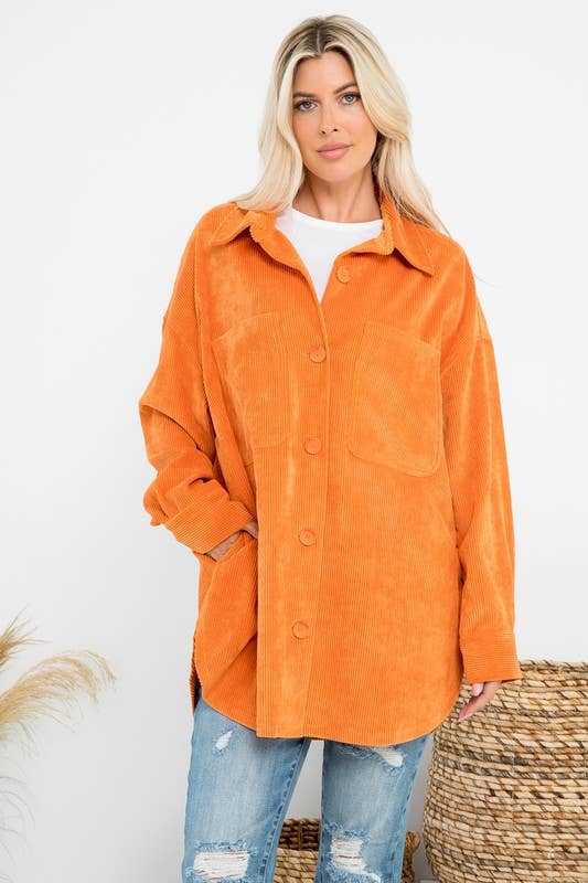 Oversized 4 Pockets Corduroy Shacket: Blue / L
