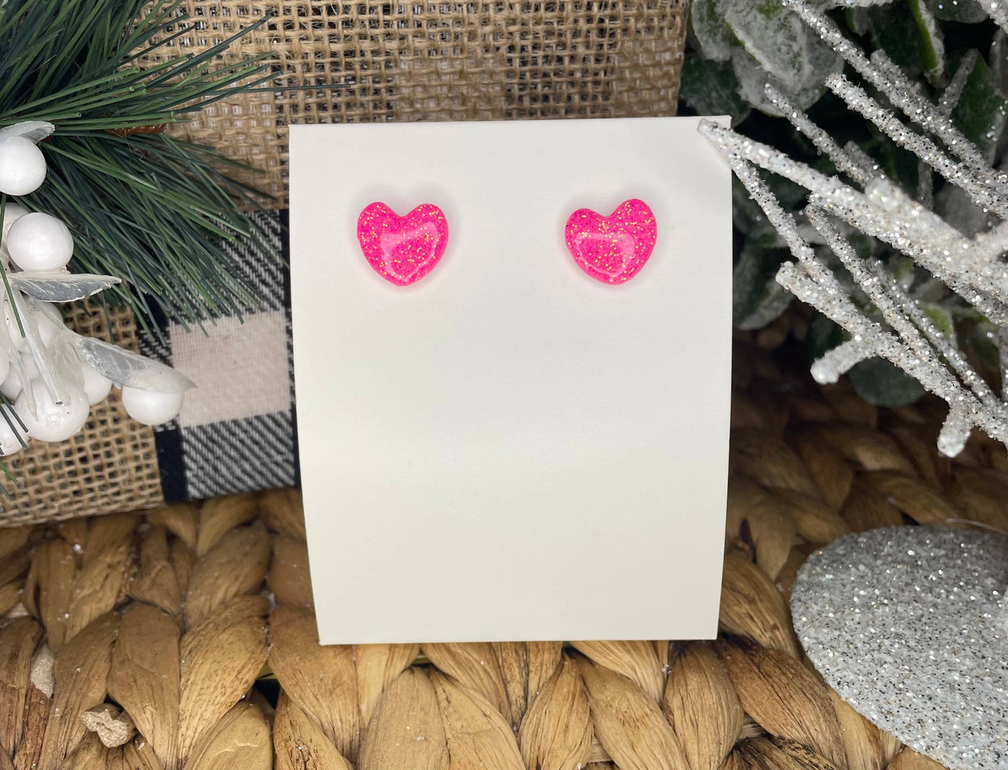 KBH CREATIONS - Glitter Pink Heart Stud Handmade Clay Earrings