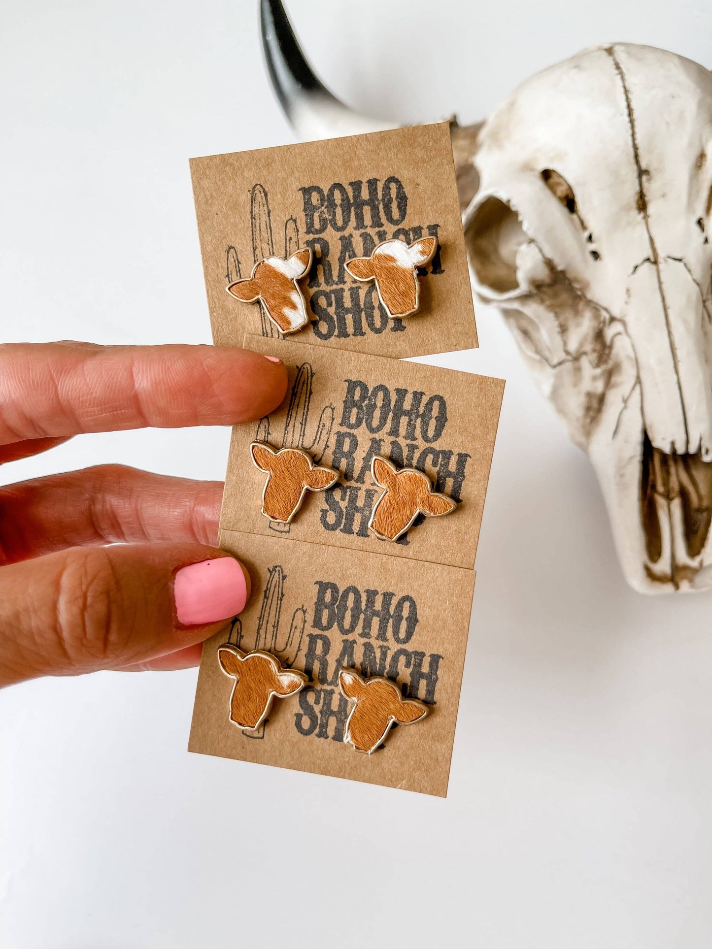 Boho Ranch Shop - Steer Head Cowhead Cowhide Stud Earrings: BLACK + WHITE