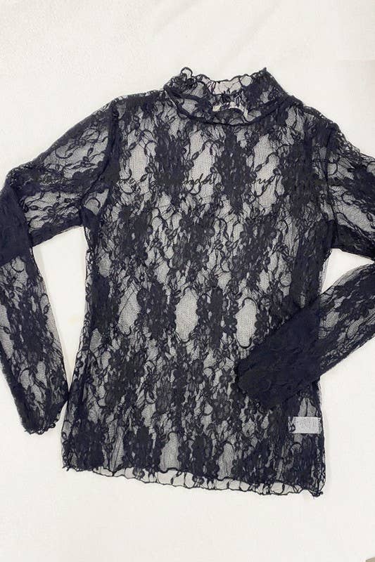 Floral Print Lace Long Sleeves Top KRT1739: BLACK