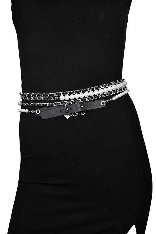 Anarchy Street - Pearl Chain Leather Layered Fashion Belt: S