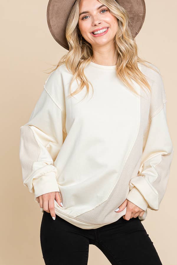 full styled view of Ivory Mineral Wash Thermo Sweatshirt - French terry with long sleeves and thermo contrast details