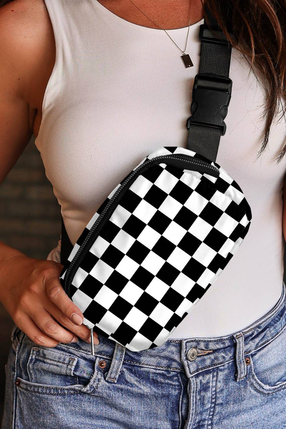 Checkered Print Buckle Wide Belt Crossbody Bag