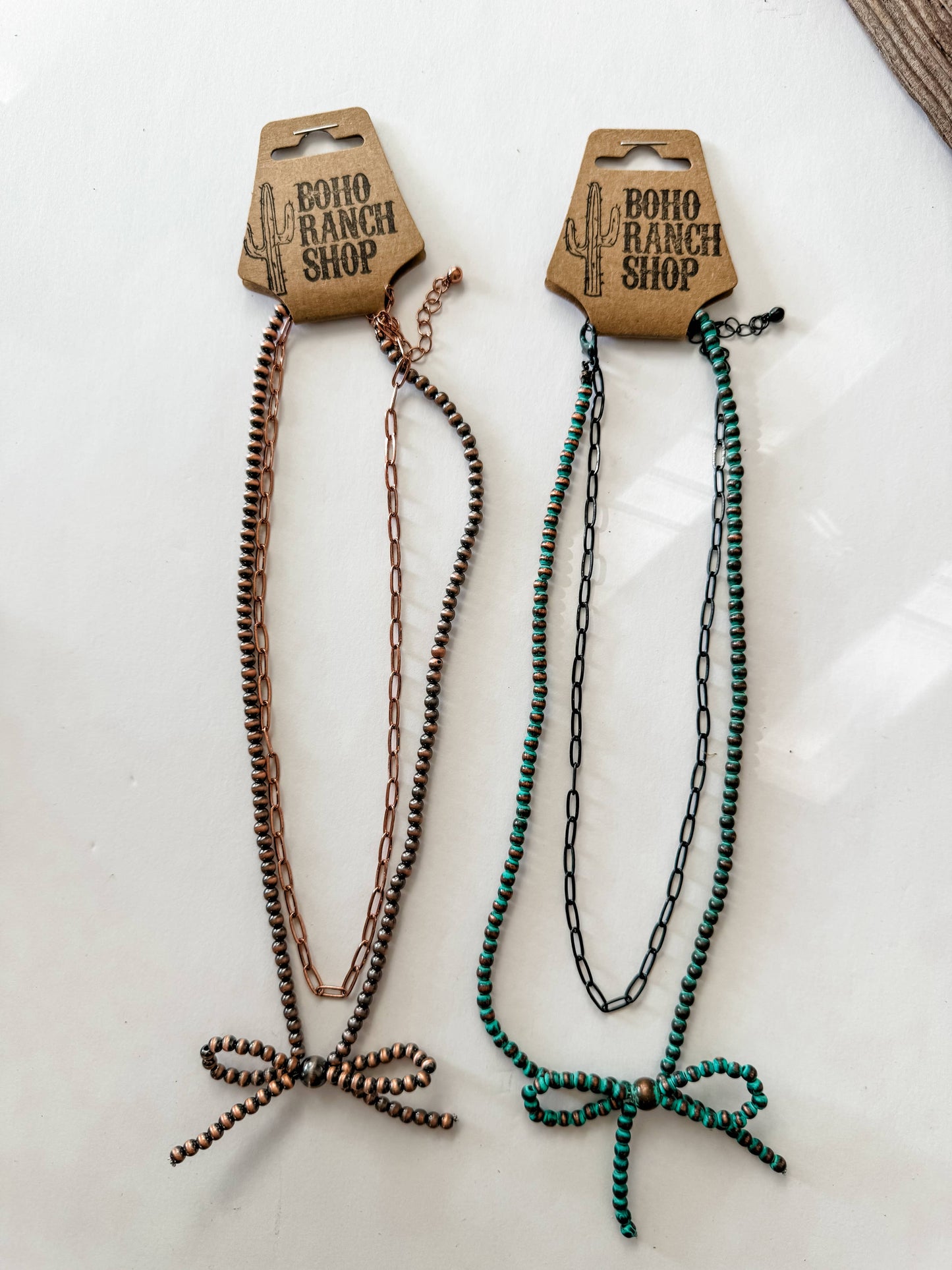 Boho Ranch Shop - Navajo Style Pearl Bow Coquette Layered Necklace: Patina Turquoise