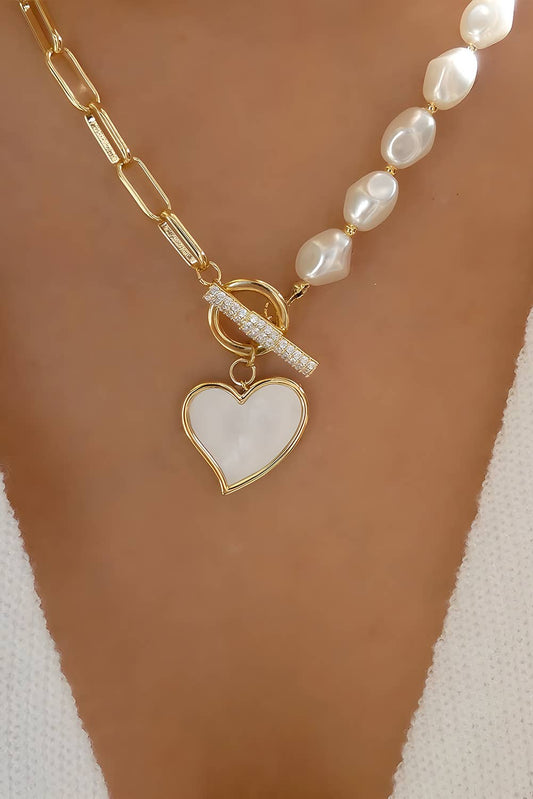 Heart Pendant Rhinestone Decor Pearl Chain Necklace: Gold