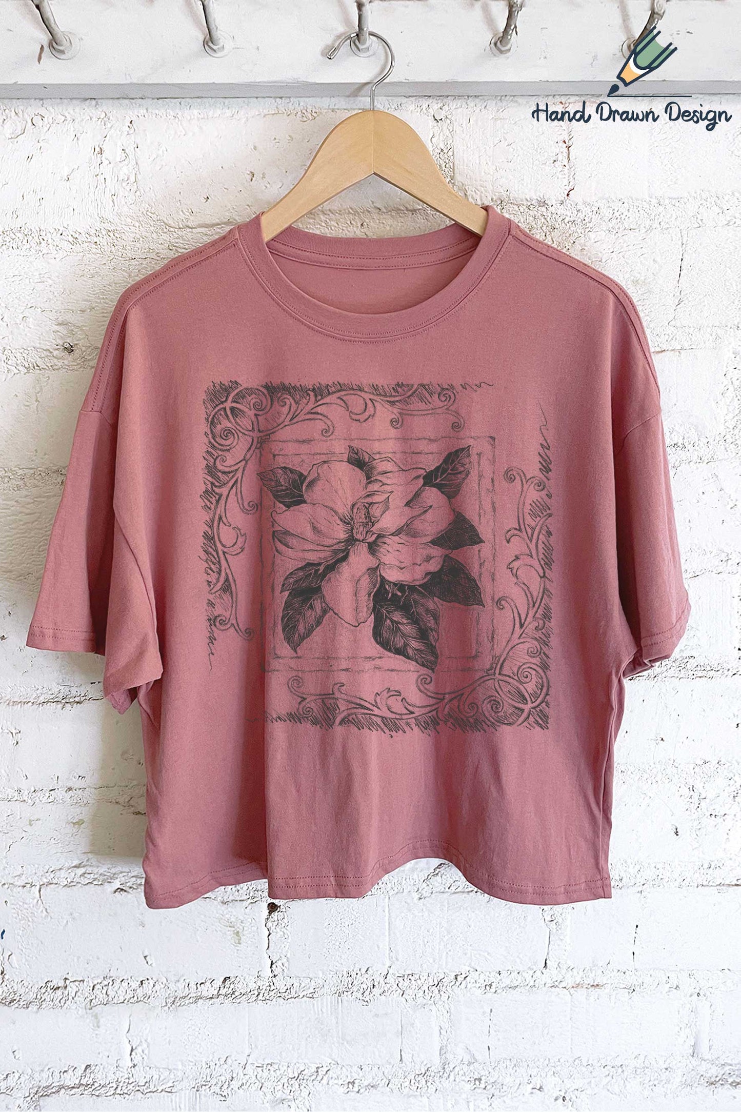 Rustee Clothing - MAGNOLIA FLOWER HAND DRAWN GRAPHIC LONG CROP TOP: Dusty mint
