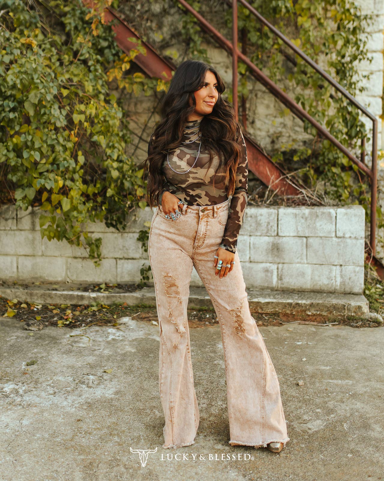 Camel Mineral Wash Tummy Control Distressed Flare Jeans
