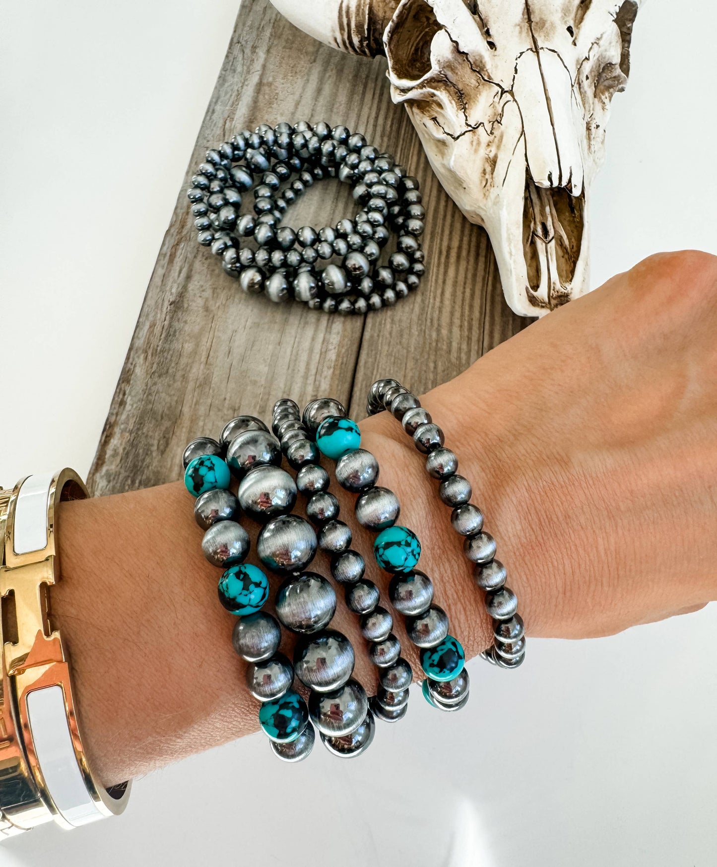 Boho Ranch Shop - Western Navajo Style Bead Stretch Bracelets: SILVER + TURQUOISE