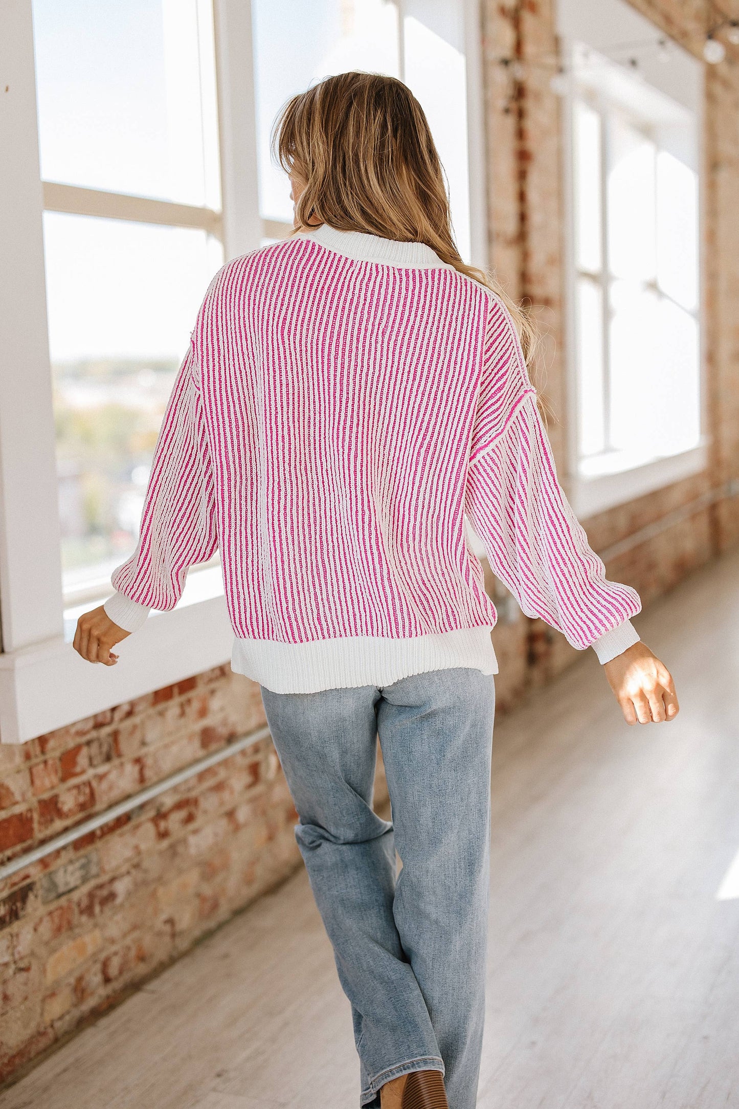 Jayci Striped Contrast Trim Sweater |Bright Pink