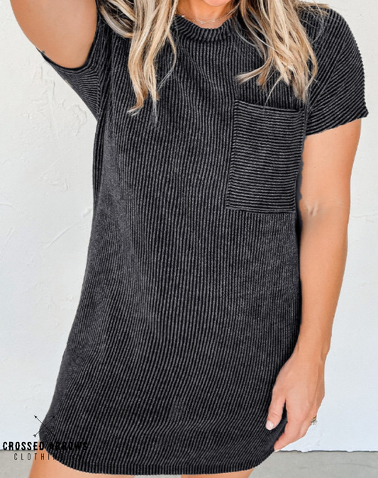 Ribbed T-shirt dress with large pocket from Crossed Arrows Clothing