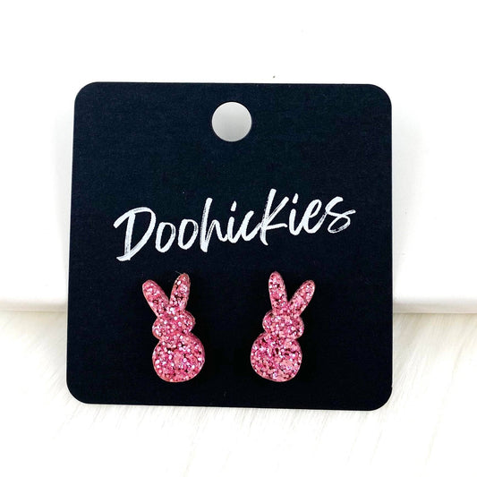 Doohickies - 16mm Pink Glitter Marshmallow Bunnies -Earrings