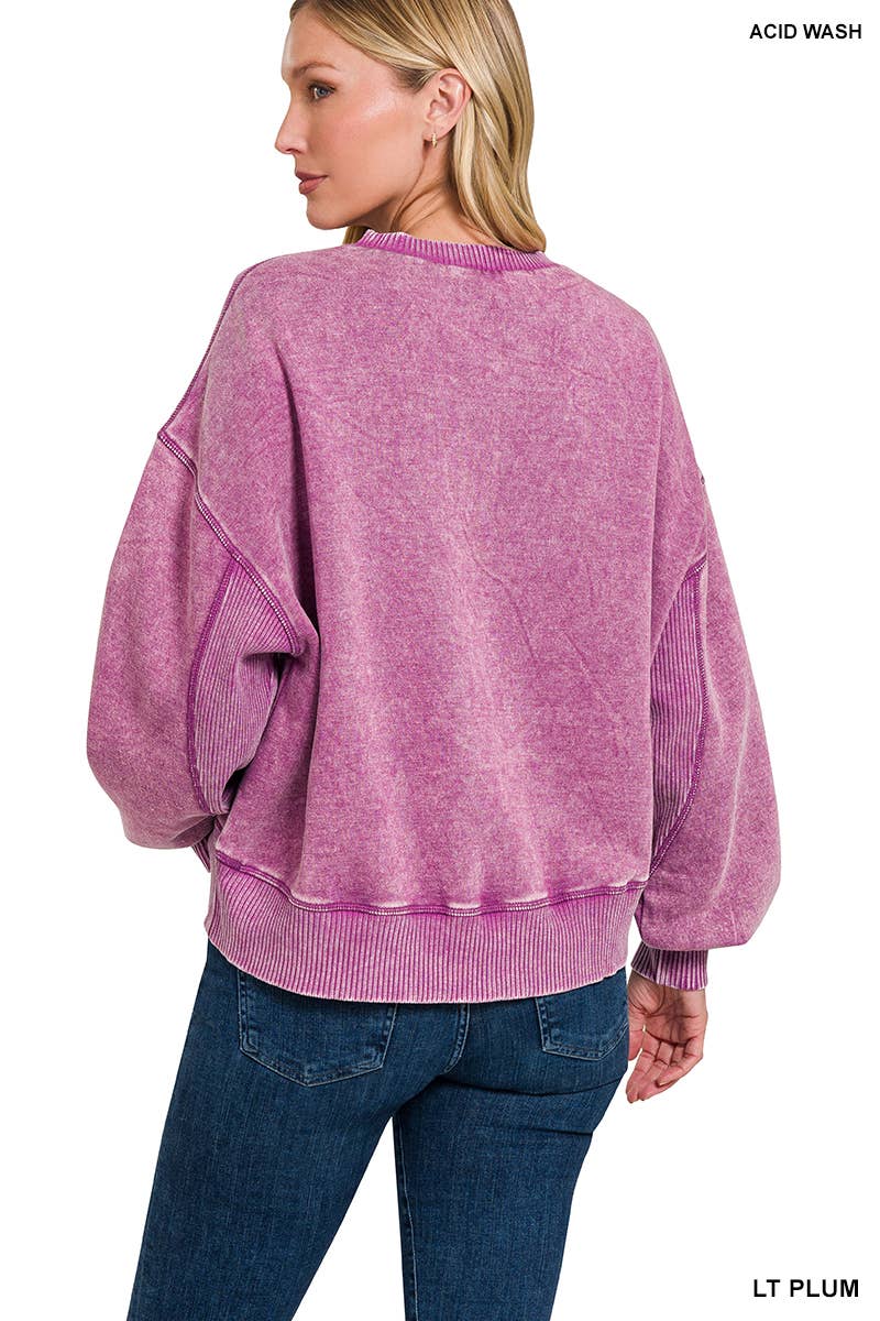 back view of Acid wash fleece oversized pullover in light plum