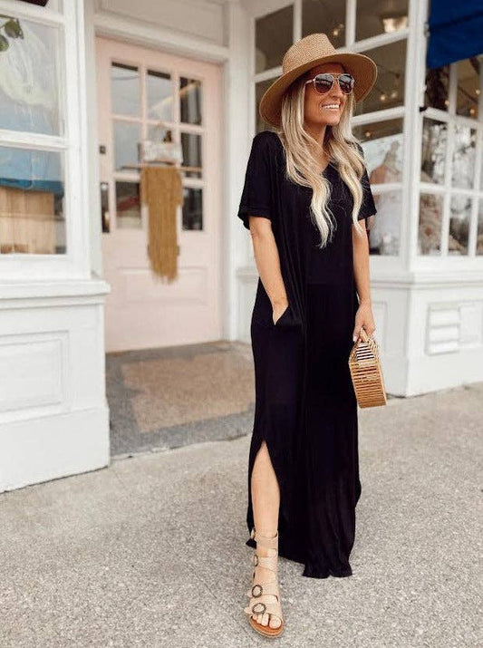 Solid Relaxed Maxi Dress: Black