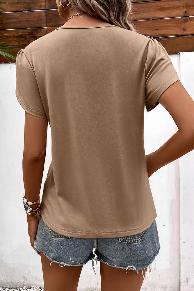 back of beige view of Plain V-Neck Strappy Tulip Sleeves Top, Women's Fashion Blouse