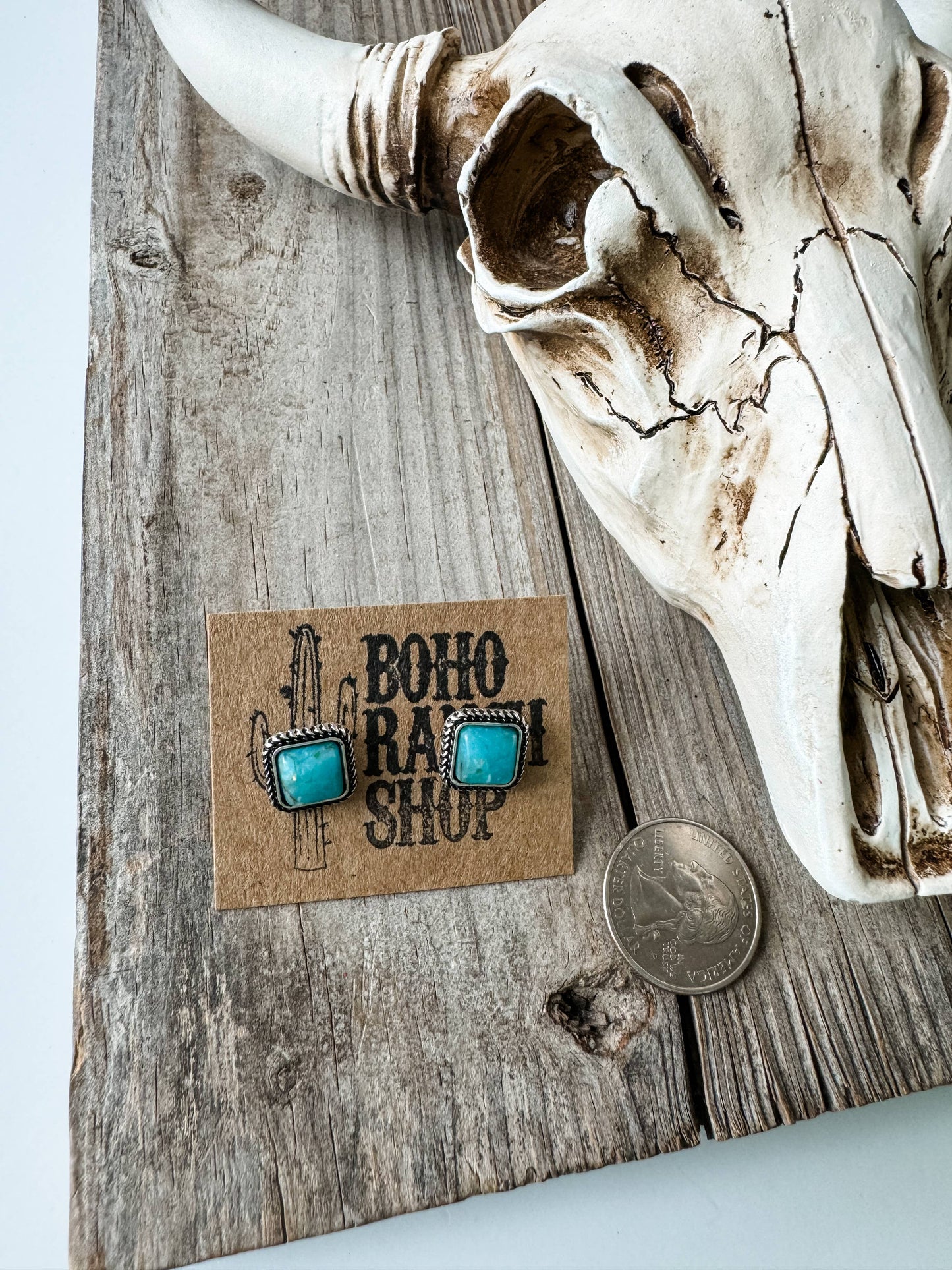 Boho Ranch Shop - Western Mini Stone Stud Earrings - Heart Square Circle Bar: SQUARE - WHITE