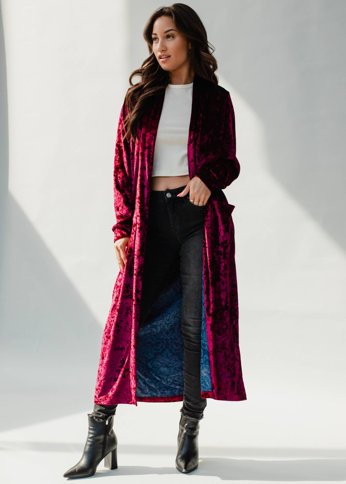 styled view of Wine Velvet Duster Cardigan with Decorative Printed Lining