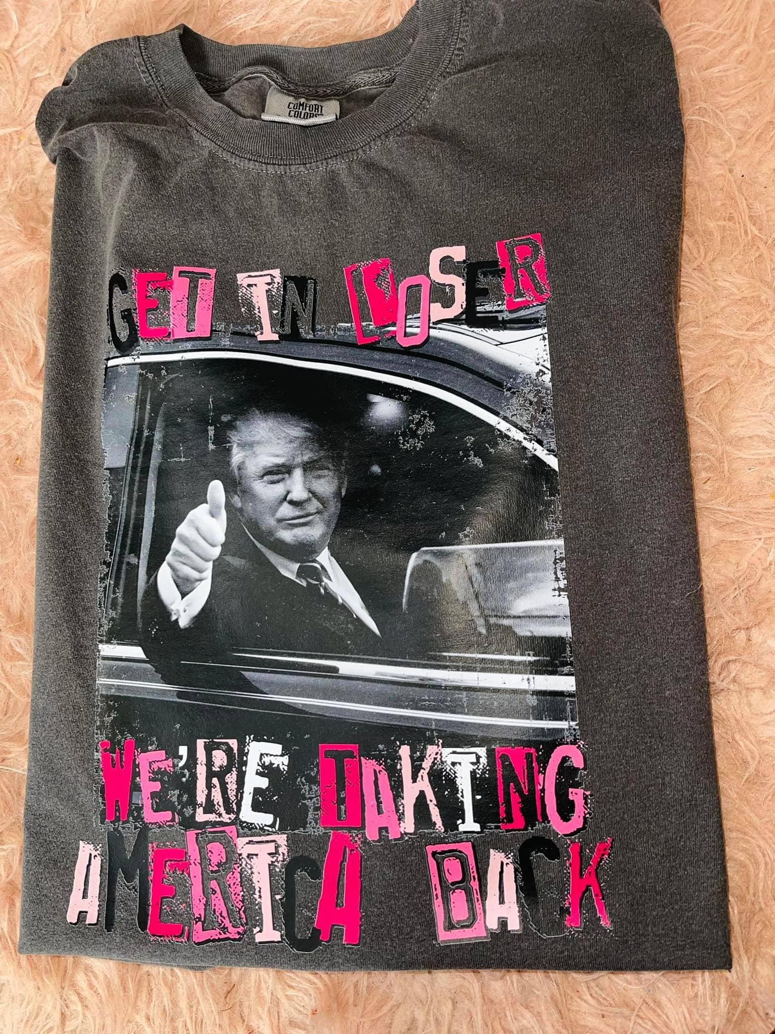 single view of Ivory 'Get in Loser We’re Saving America' Trump Tee Shirt