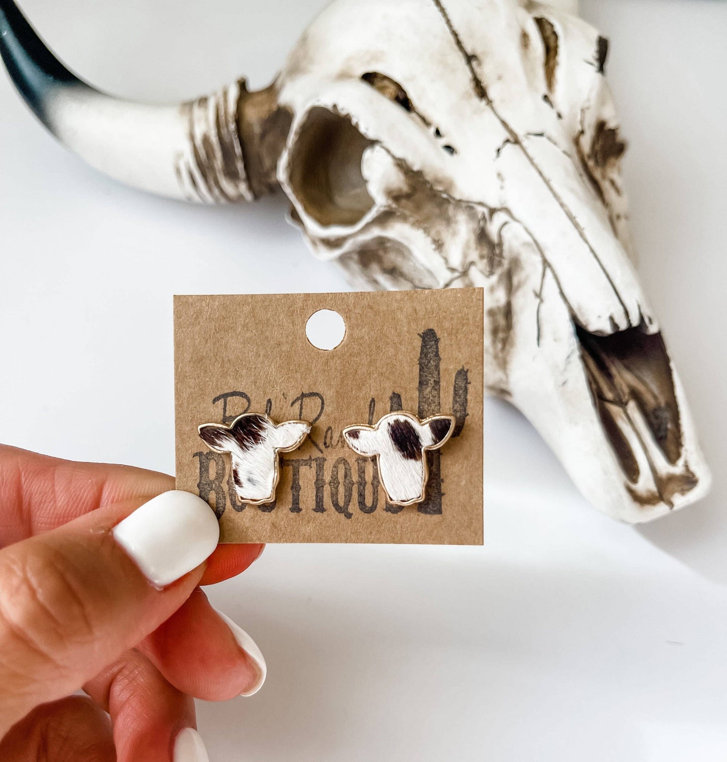 Boho Ranch Shop - Steer Head Cowhead Cowhide Stud Earrings: BLACK + WHITE