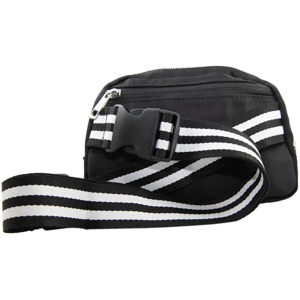 Katydid - Black Solid Belt Bag with Striped Strap: Black / OS