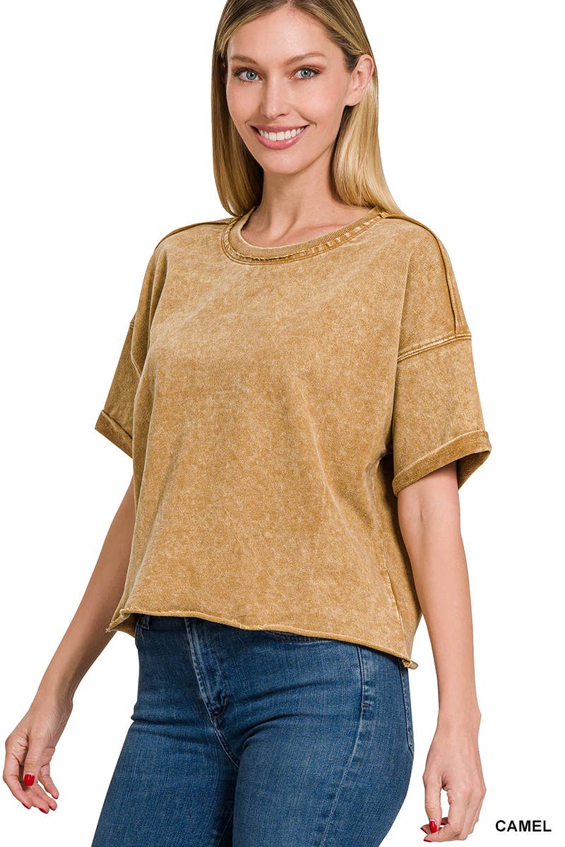 French Terry Acid Wash Raw Edge Crop Top: CAMEL