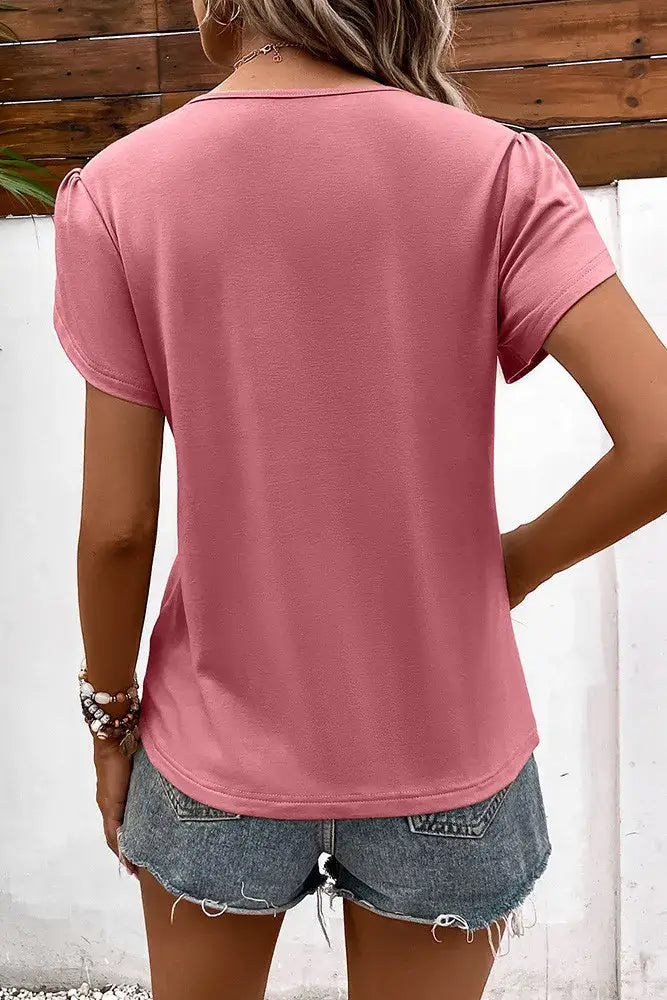 back view of light pink Plain V-Neck Strappy Tulip Sleeves Top, Women's Fashion Blouse