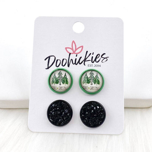 Doohickies - 12mm Green Merry Christmas Trees & Black in Green/Black