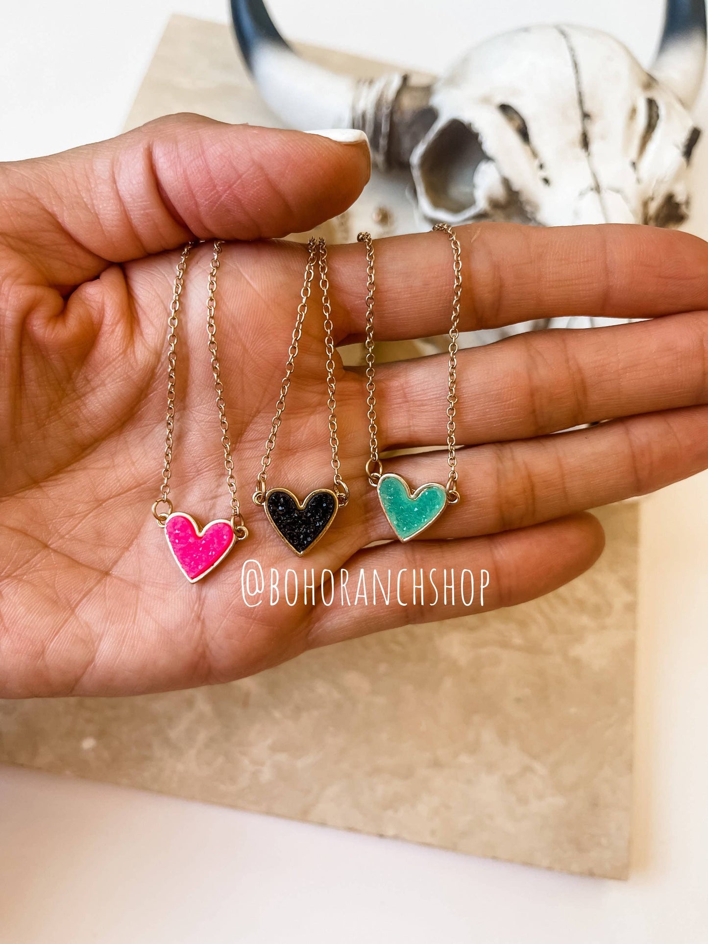Boho Ranch Shop - Mini Druzy Heart Necklace: Pink