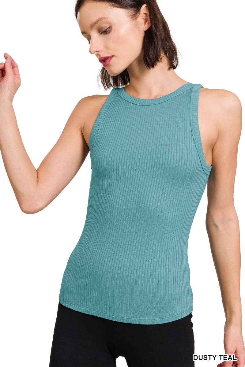 Dusty teal ribbed high neck tank top