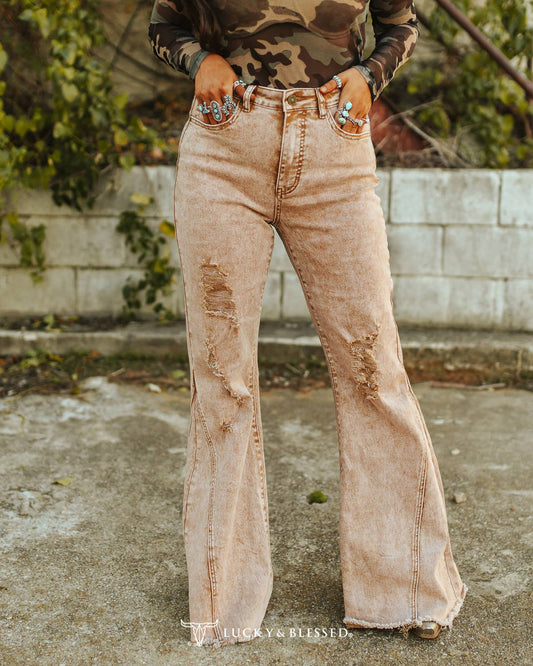 Camel Mineral Wash Tummy Control Distressed Flare Jeans
